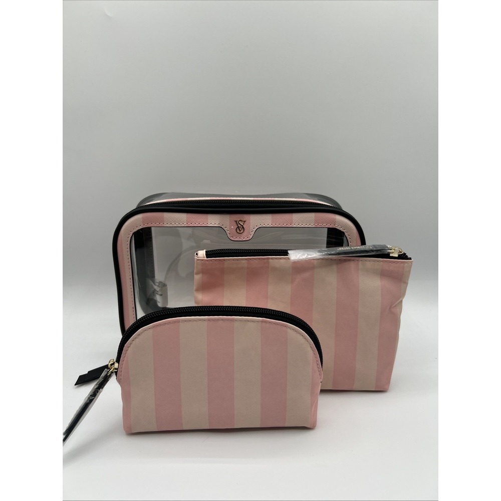 Victoria's Secret 3 Pcs Cosmetic Bag Iconic Stripe NEW Makeup Pouch Set